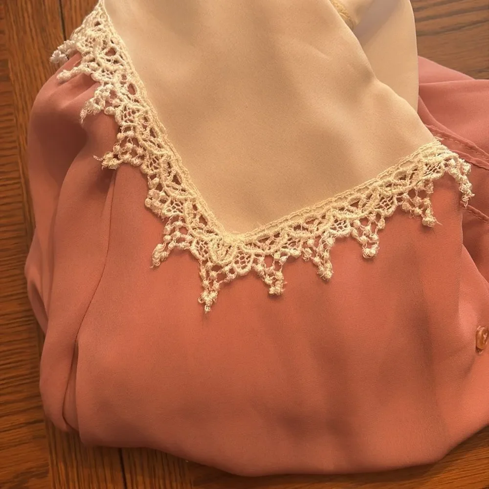 Vintage dress, R.E.O. Originals, size 14, pink with a cream colored lace collar - Picture 14 of 14